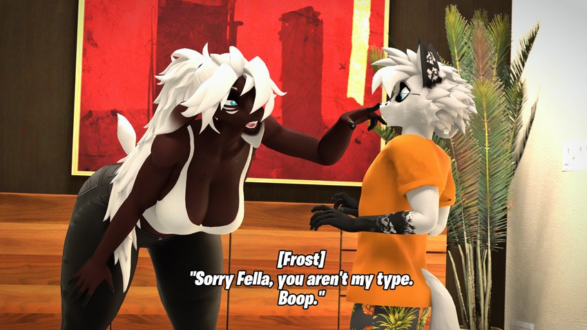 anthro bending_down boop breasts cleavage clothed clothing denied duo eyewear female glasses kneeling male male/female nose_boop resting_bitch_face conditional_dnp domibun frost_(domibun) leo_(atoastedorange) warfare_goat bovid canid canine caprine fox mammal sheep 16:9 3d_(artwork) 4k absurd_res digital_media_(artwork) hi_res source_filmmaker_(artwork) widescreen