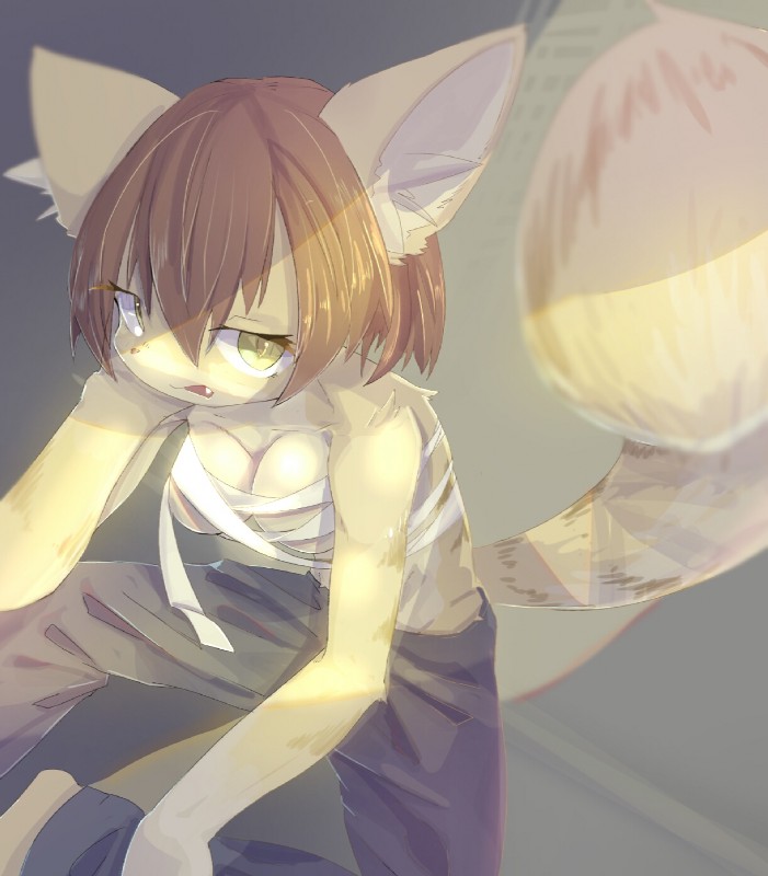 anthro biped bottomwear breasts brown_hair chest_wraps clothed clothing female foreshortening fur green_eyes hair kemono pants short_hair sitting solo topless wraps yellow_body yellow_fur young eipon_tarou felid feline mammal hi_res