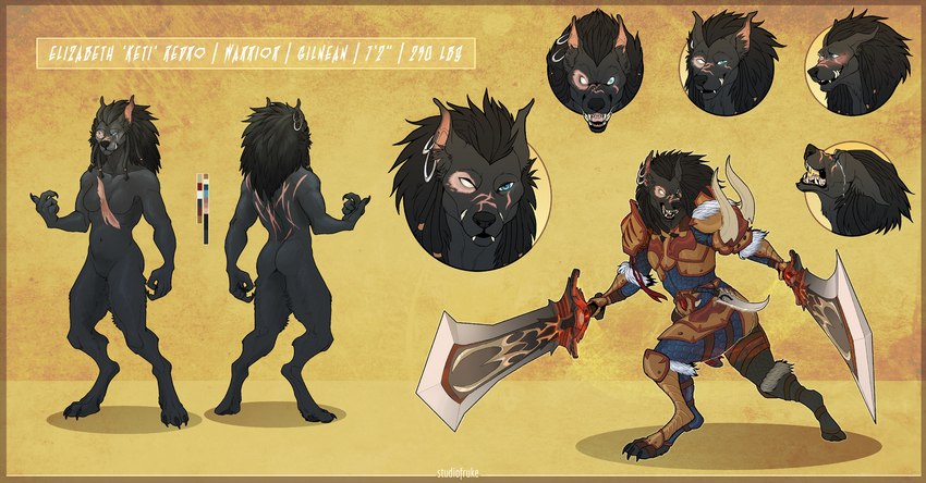 armor breasts butt female melee_weapon scar solo sword weapon tameraali blizzard_entertainment mythology warcraft keti canid canine mammal mythological_canine mythological_creature werecanid werecanine werecreature werewolf worgen hi_res model_sheet