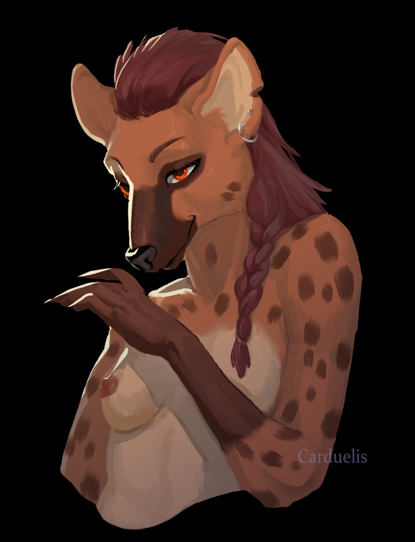 anthro black_nose braided_hair breasts brown_body brown_fur clothed clothing ear_piercing ear_ring female fur hair markings nipples piercing ring_piercing solo spots spotted_body spotted_fur topless carduelis bisonbull92 meredith_(bisonbull92) hyena mammal spotted_hyena 2020 digital_media_(artwork) digital_painting_(artwork) hi_res