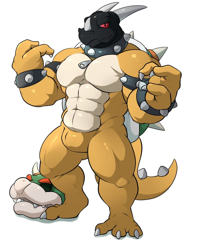 3_toes 4_fingers abs anthro bulge clothing cosplay costume feet fingers horn male mask muscular muscular_anthro muscular_male pecs solo suit tight_clothing toes maldu mario_bros mythology nintendo akanos bowser dragon mythological_creature mythological_scalie scalie hi_res