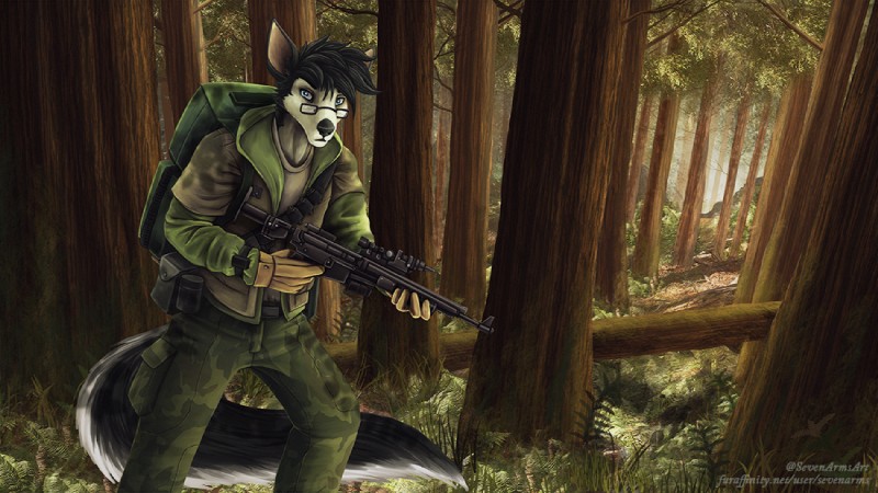 anthro backpack blue_eyes clothed clothing eyewear forest fully_clothed fur glasses gun male military plant ranged_weapon rebel rifle soldier solo text tree uniform warrior weapon sevenarms star_wars canid canine canis fox mammal wolf digital_media_(artwork) url