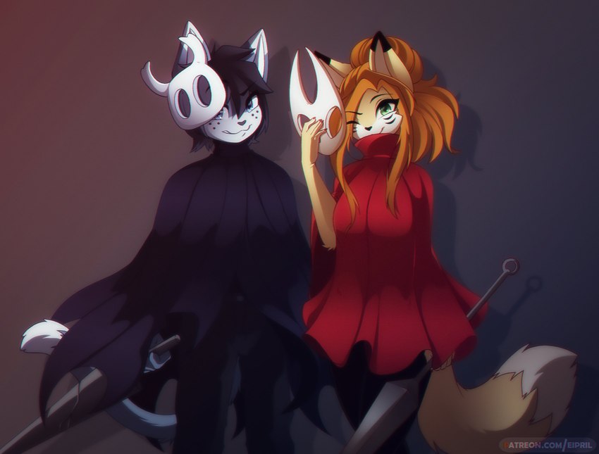 anthro breasts cloak clothed clothing cosplay duo female hair holidays male mask melee_weapon sword weapon eipril halloween hollow_knight team_cherry elisabeth_(eipril) hornet_(hollow_knight) rouen_(eipril) the_knight_(hollow_knight) arthropod canid canine canis domestic_cat felid feline felis fox insect mammal 2023 digital_media_(artwork) hi_res widescreen