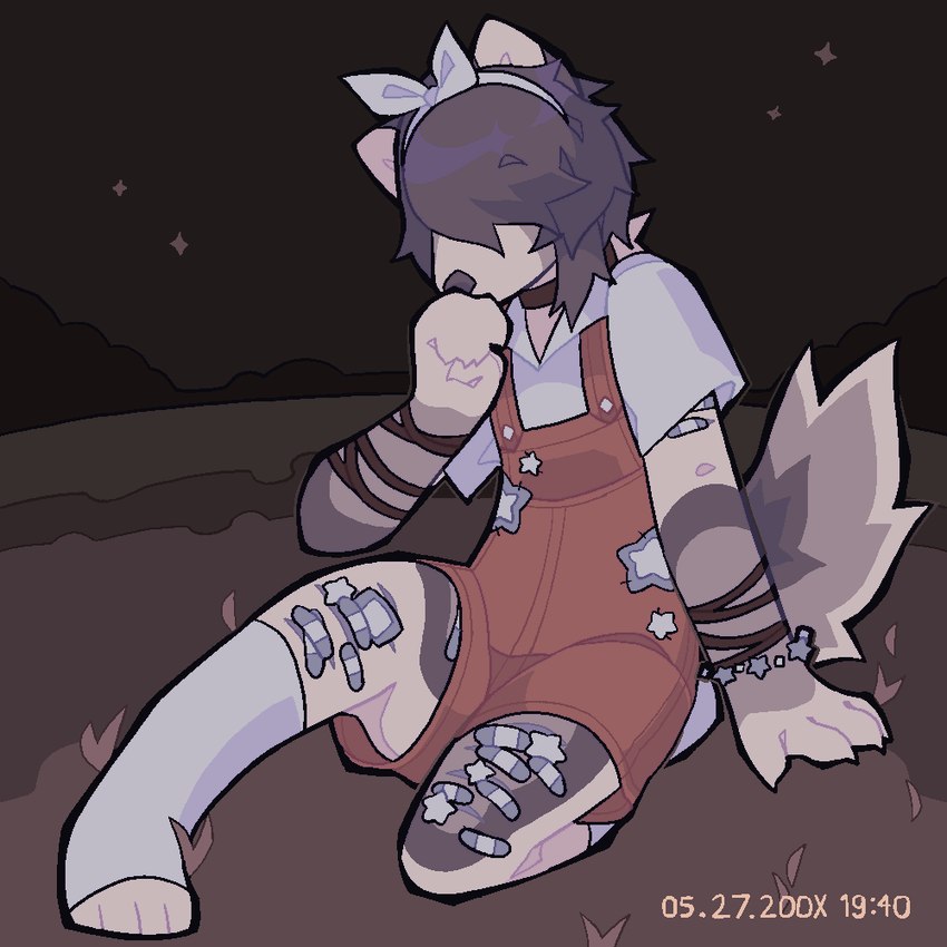 anthro bandage bracelet clothed clothing evening female footwear fur grey_body grey_hair hair hair_over_eyes headgear headwear jewelry overalls scar self-harm_scars socks solo topwear white_body white_clothing white_fur white_headwear white_topwear vinqock reina_(vinqou) canid canine fox mammal platinum_fox red_fox true_fox 1:1 2024 trans_(lore) trans_woman_(lore)