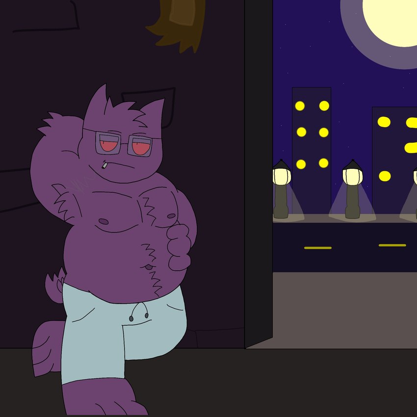 bottomwear clothing eyewear glasses male night outside overweight overweight_male pants wearing_glasses rafaelart_br nintendo pokemon generation_1_pokemon gengar ghost mammal pokemon_(species) spirit 1:1 2025 hi_res tagme