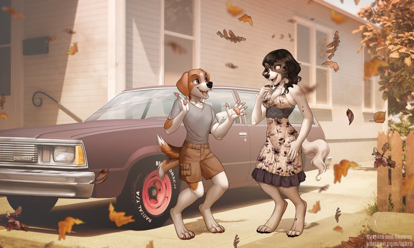 anthro black_hair brown_body brown_fur car clothed clothing detailed_background duo female fur hair leaf male motor_vehicle outside retro_car station_wagon vehicle white_body white_fur iskra chevrolet chevrolet_malibu canid canine canis domestic_dog mammal 2022 5:3 digital_media_(artwork)