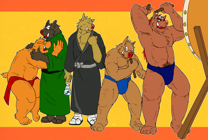 anthro asian_clothing black_body black_fur brown_body brown_fur clothing drum east_asian_clothing eyes_closed fundoshi fur group humanoid_hands japanese_clothing kemono male musical_instrument overweight overweight_male percussion_instrument simple_background taiko_drum underwear himachi mammal suid suine sus_(pig) wild_boar 2007