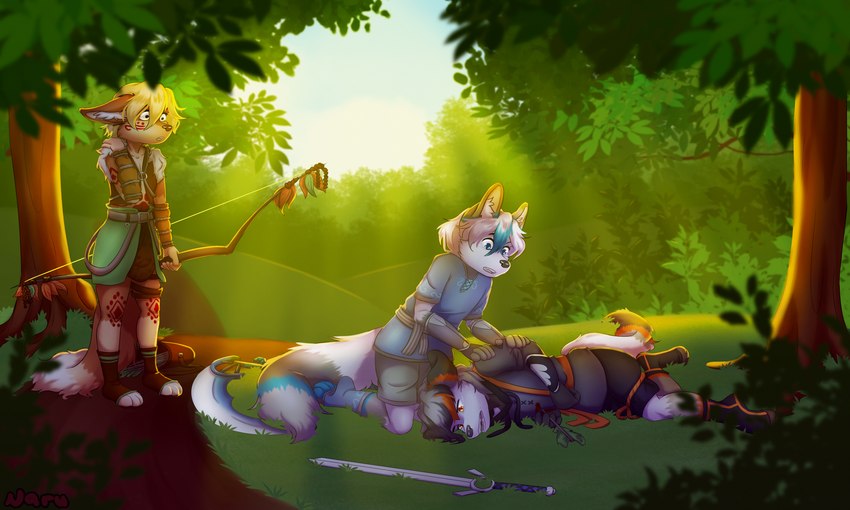 ambiguous_gender anthro arrow_(weapon) blood bodily_fluids bow_(weapon) clothed clothing detailed_background feet fully_clothed fur group hindpaw kneeling lying melee_weapon on_side outside paws plant polearm ranged_weapon scythe shrub stab standing sword tree trio weapon wounded young young_anthro naru_arai ion_(ion-yggdrasil) arctic_fox canid canine fennec_fox fox grey_fox mammal true_fox urocyon 5:3 absurd_res hi_res story story_in_description