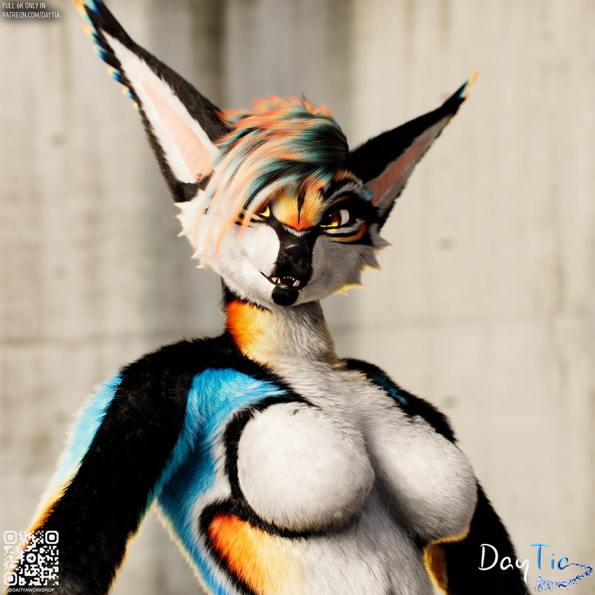 anthro black_body black_fur blue_body blue_fur blue_hair breasts close-up colored_sclera concrete_floor detailed_fur facial_expression female fluffy fur fur_markings hair light light_source long_hair markings multicolored_body multicolored_fur nude orange_body orange_fur orange_hair pointy_ears pose realistic_fur shadow smug_expression solo striped_body striped_fur stripes sunlight white_body white_fur daytia c4d 3d_(artwork) cinema_4d_(artwork) detailed digital_media_(artwork) hi_res portrait shaded soft_shading