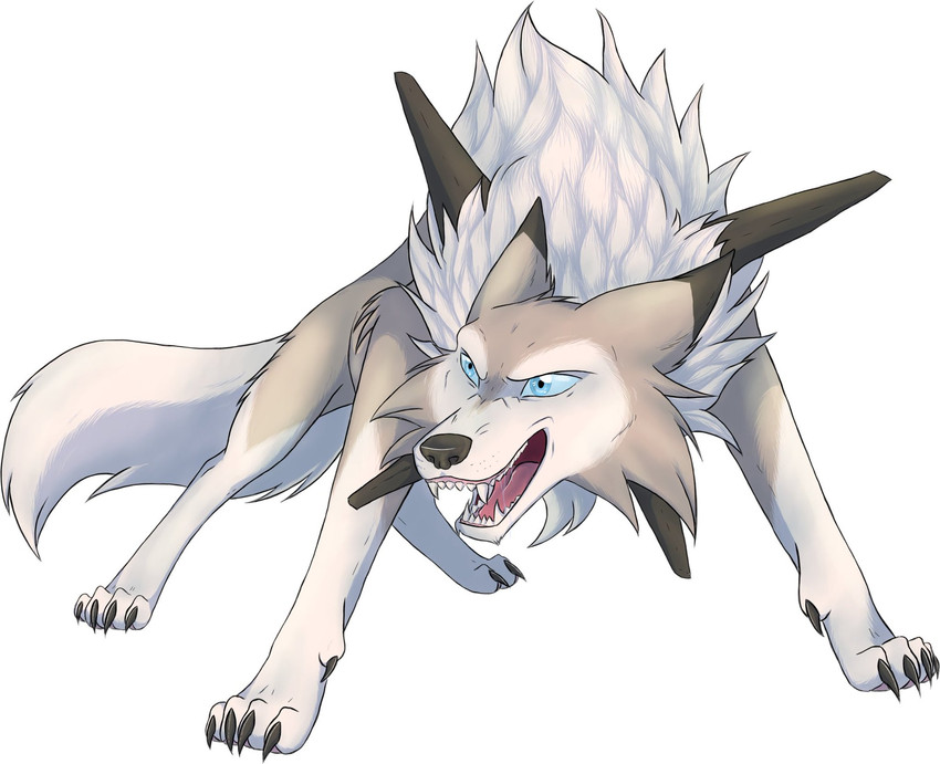 black_nose blue_eyes blue_sclera bodily_fluids brown_body brown_fur claws dewclaw feral fur open_mouth saliva sharp_teeth simple_background teeth tuft white_background white_body white_fur grumpyfoks nintendo pokemon canid canine generation_7_pokemon lycanroc mammal midday_lycanroc pokemon_(species) 2020 hi_res