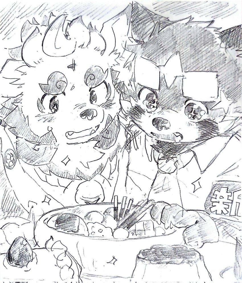 anthro blush duo eyebrows food male slightly_chubby thick_eyebrows young zimsanada2 asian_mythology east_asian_mythology japanese_mythology lifewonders mythology tokyo_afterschool_summoners agyo_(tas) zhurong_(tas) ailurid foo_dog komainu mammal red_panda yokai hi_res sketch