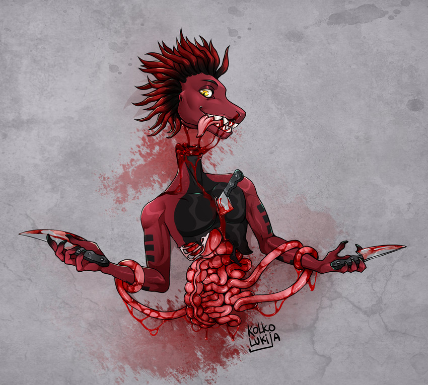 anthro blood bodily_fluids corpse death gore guts in_need_of_a_hospital knife macabre male organs red_body ribs smile solo yellow_eyes kolkolukija furx_(character) lizard reptile scalie hi_res