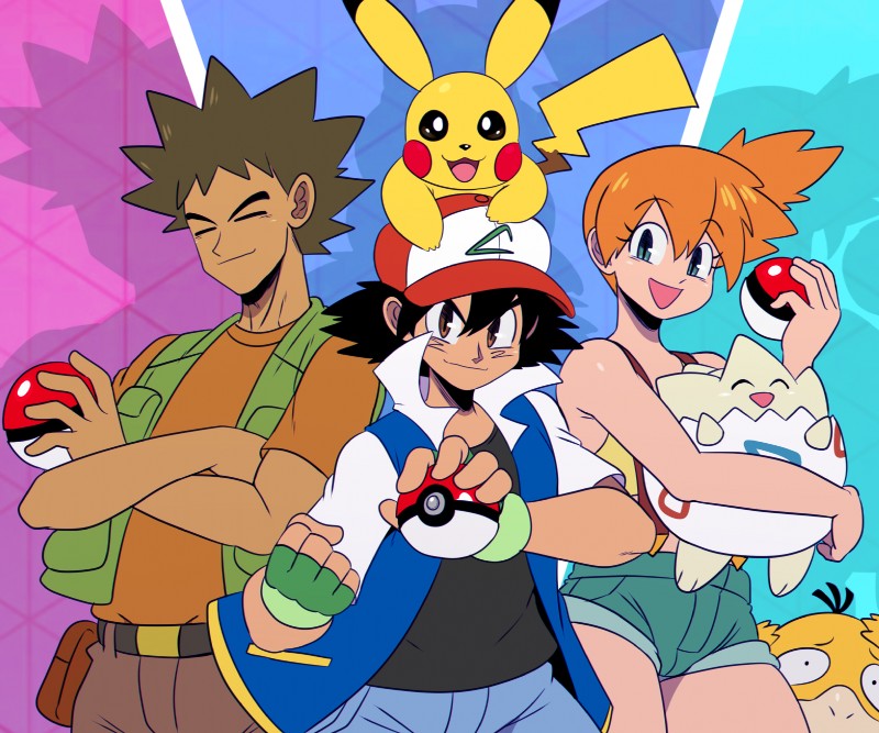 ash's pikachu, ash ketchum, brock, and misty (pokemon (anime) and etc) created by sssonic2