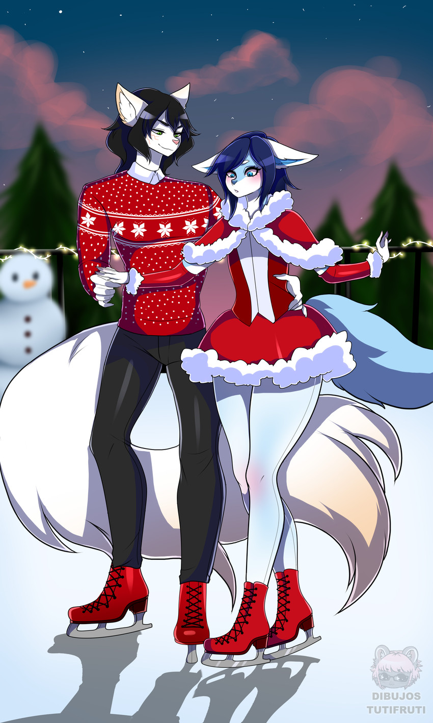 :o afternoon anthro arm_warmers armwear black_hair blue_eyes blue_hair blue_nose blush bottomwear christmas_clothing christmas_lights christmas_sweater christmas_topwear clothed clothing cloud dress duo ears_down evergreen_tree femboy fluffy fluffy_tail fur furgonomics green_eyes hair hand_holding hand_on_hip holidays ice_skates ice_skating long_nails long_tail male male/male multicolored_body multicolored_fur naughty_face open_mouth outside pants pine_tree pink_nose pivoted_ears plant scar skating skirt sky snowman star starry_sky sweater tail tail_through_skirt topwear tree white_body white_fur winter tutifruti_(artist) christmas nikko_tsukino tsai_the_kitsune canid canine domestic_cat felid feline felis fox mammal absurd_res hi_res