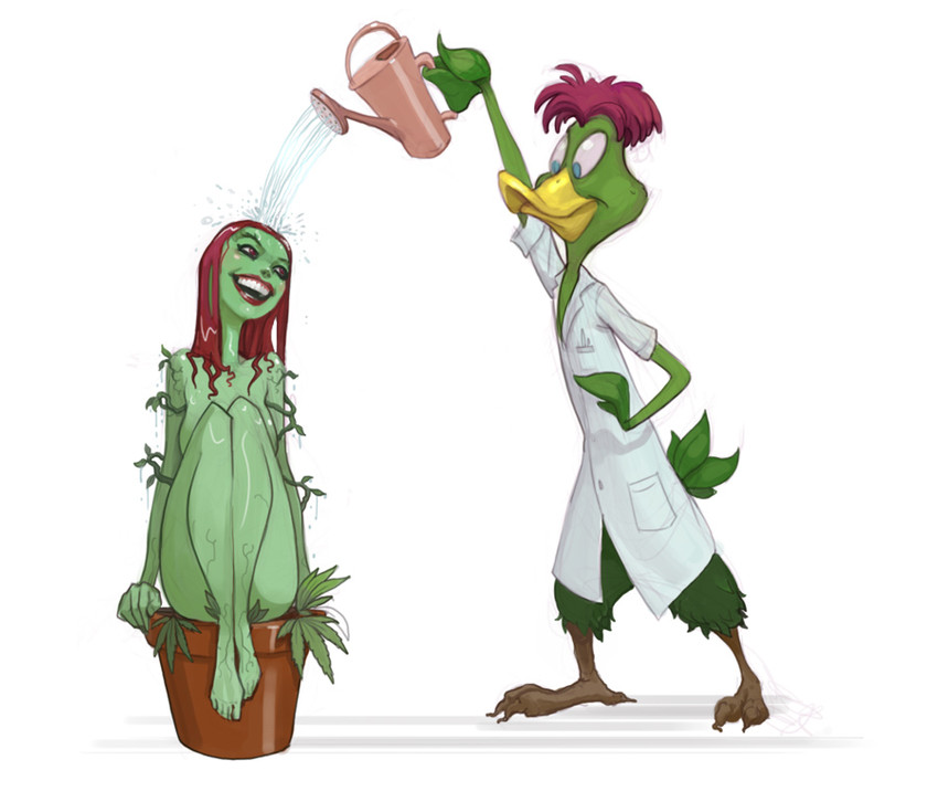 5_fingers 5_toes anthro beak big_breasts biped breasts clothed clothing coat duo feathers feet female fingers green_body green_skin hair holding_object lab_coat lips long_hair male nude open_mouth plant plant_pot potted_plant red_hair red_lips simple_background smile toes topwear water watering_can white_background glooh batman_(series) darkwing_duck dc_comics disney ducktales dr._reginald_bushroot poison_ivy_(dc_comics) anatid animal_humanoid anseriform avian bird duck elemental_creature flora_fauna human humanoid mammal 2013 crossover digital_media_(artwork)