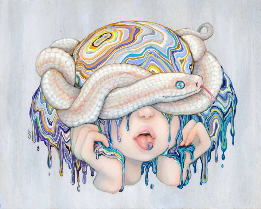 albino ambiguous_gender blue_eyes dripping duo feral forked_tongue lips liquid_hair pale_skin pseudo_hair scales teeth tongue tongue_out white_body white_scales camilla_d'errico human mammal reptile scalie snake hi_res painting_(artwork) traditional_painting_(artwork)