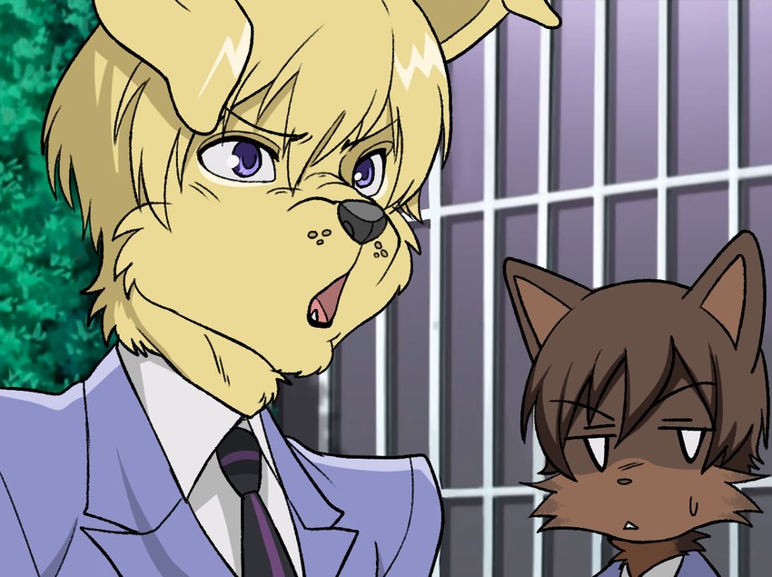 alternate_species ambiguous_gender anthro bangs blonde_hair blue_eyes brown_body brown_fur brown_hair clothed clothing dress_shirt duo floppy_ears fur furrification hair kemono male necktie pointy_ears prick_ears school_uniform shirt suit topwear uniform whisker_spots yellow_body yellow_fur dew-creek ouran_high_school_host_club haruhi_fujioka tamaki_suoh canid canine canis domestic_cat domestic_dog felid feline felis mammal