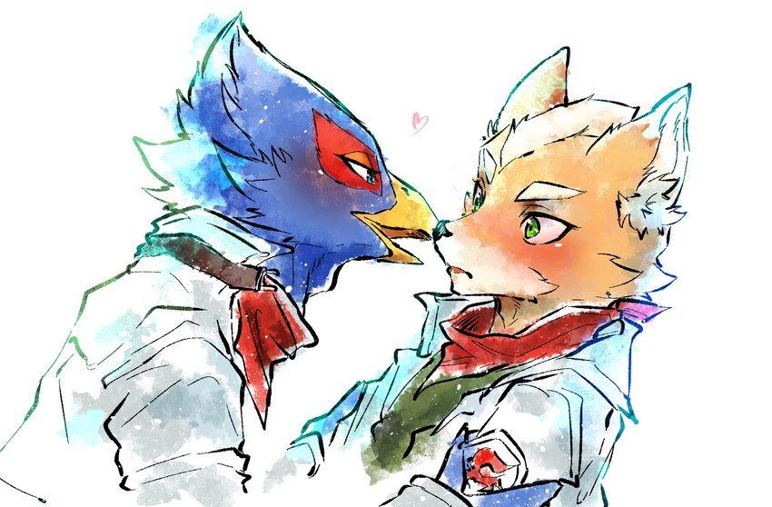 anthro beak blue_body clothed clothing duo fur heart_symbol imminent_kiss jacket male male/male orange_body orange_fur scarf topwear ryeono_kemo nintendo star_fox falco_lombardi fox_mccloud avian bird canid canine fox mammal hi_res