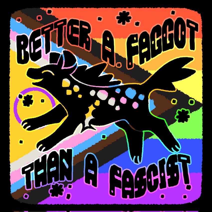 3_toes antifa black_body black_fur feet feral fur homophobic_slur intersex-inclusive_progress_pride_colors lgbt_pride male markings politics pride_color_background pride_colors profanity progress_pride_colors protest_art public_service_announcement quadruped rainbow_pride_colors running scar simple_background smile solo spots spotted_body spotted_fur toes osdok lgbt_pride_month paramour_(osdok) hyena mammal 1:1 2024 hi_res reaction_image