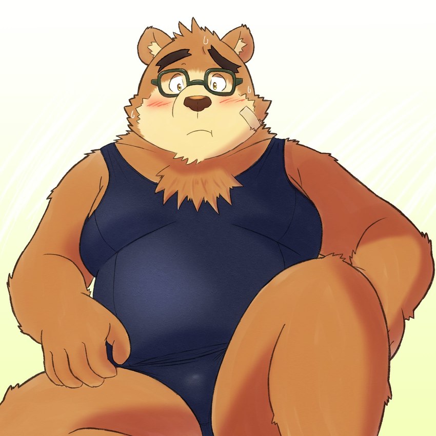 anthro blush brown_body brown_fur clothing eyewear fur glasses humanoid_hands kemono male one-piece_swimsuit overweight overweight_anthro overweight_male school_swimsuit solo swimwear yaki_atsuage lifewonders tokyo_afterschool_summoners volos_(tas) bear mammal 1:1 2021 hi_res