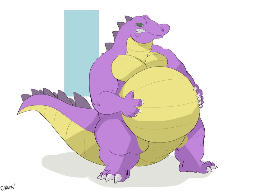 anthro back_ridge belly big_belly green_eyes male purple_body scales solo spike_ridge standing tail thick_tail thick_thighs yellow_belly canson octariax alligator alligatorid crocodilian reptile scalie absurd_res hi_res