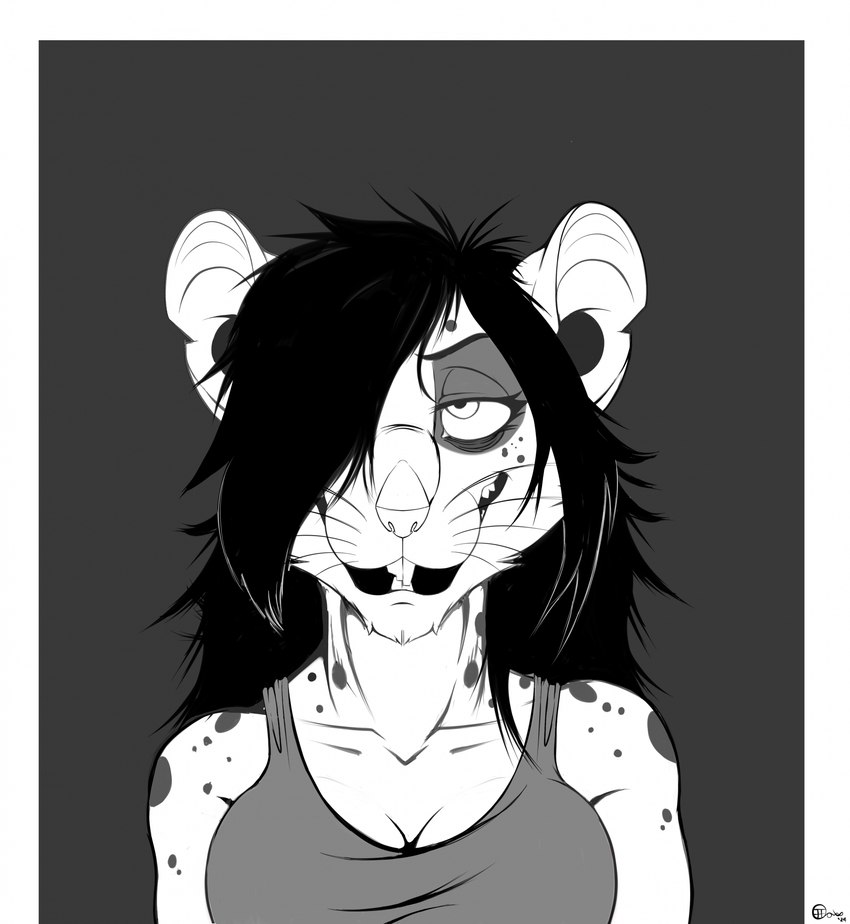 anthro black_hair breasts buckteeth cleavage clothed clothing female front_view fur hair hair_over_eye half-closed_eyes looking_at_viewer markings narrowed_eyes obstructed_eye shirt solo spots spotted_body tank_top teeth topwear whiskers jimfoxx mammal murid murine rat rodent 2024 headshot_portrait hi_res portrait signature