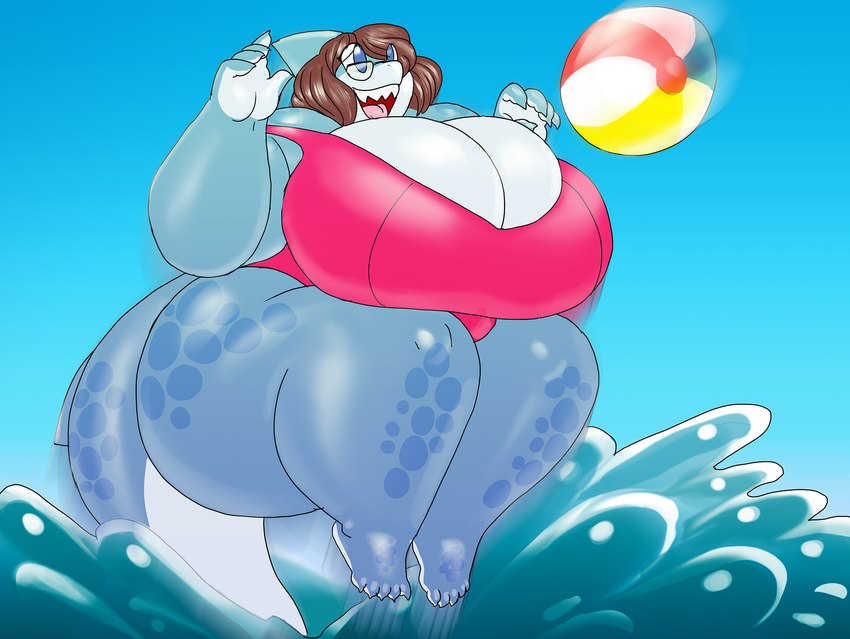 anthro ball beach_ball big_breasts biped blue_body blue_eyes breasts brown_hair cleavage cleavage_overflow clothed clothing curvy_figure eyewear female glasses hair huge_breasts inflatable jumping non-mammal_breasts obese obese_anthro obese_female open_mouth open_smile overweight overweight_anthro overweight_female sharp_teeth smile solo swimwear teeth thick_thighs wide_hips pakaproductions vdisco wilma_(vdisco) fish marine shark artist_collaboration hi_res