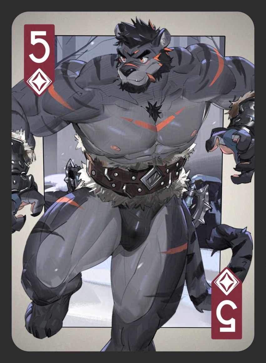 abs anthro armor beard belt biceps black_clothing black_facial_hair black_hair black_stripes black_underwear bracers brass_knuckles card chest_markings claws clothed clothing deltoids facial_hair finger_claws five_of_diamonds fur grey_body grey_fur hair highlights_(coloring) male markings melee_weapon muscular muscular_arms muscular_thighs orange_eyes orange_highlights orange_stripes pawpads pecs playing_card playing_card_template solo striped_body striped_fur stripes tail toe_claws topless two_tone_stripes underwear weapon tooboshoo felid mammal pantherine tiger 2024 hi_res