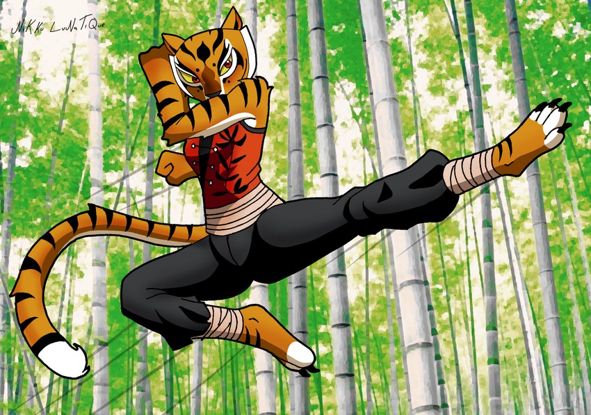 anthro bamboo bamboo_tree bandage belt black_clothing bottomwear clothing facial_markings female fur head_markings kick markings martial_arts martial_arts_uniform orange_body orange_fur pants plant red_clothing solo sportswear striped_body stripes tree white_body white_fur nikku_lunatique dreamworks kung_fu_panda master_tigress felid mammal pantherine tiger hi_res