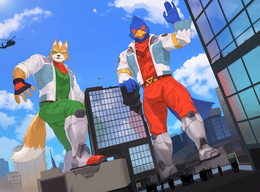 aircraft anthro blue_body building city clothed clothing destruction duo helicopter looking_down macro male orange_body scouter vehicle dyeong_2 nintendo star_fox falco_lombardi fox_mccloud avian bird canid canine fox mammal absurd_res hi_res