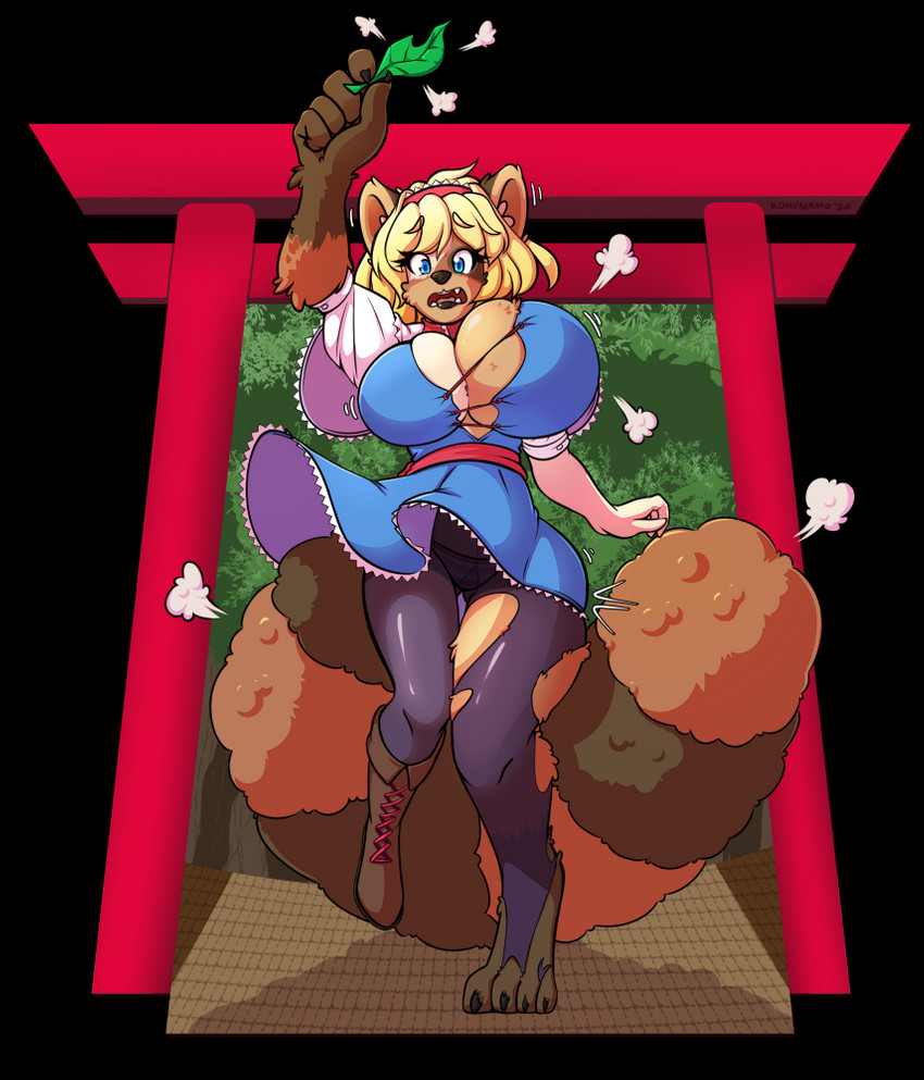 accessory big_breasts blonde_hair blue_eyes boots breast_expansion breasts brown_body brown_fur brown_nose clothing dress expansion female footwear fur hair hair_accessory hairband holding_leaf human_to_anthro leaf legwear looking_at_viewer on_one_leg open_mouth pantyhose pattern_clothing pattern_underwear plant shoes solo species_transformation standing striped_clothing striped_underwear stripes surprise torii torn_clothing torn_legwear torn_pantyhose transformation tree underwear wide_hips kdhynamo touhou alice_margatroid canid canine human mammal raccoon_dog tanuki 2020 alpha_channel