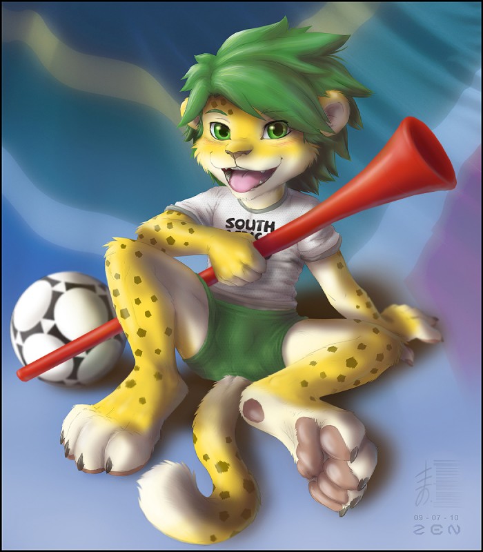 anthro ball biped blush bottomwear claws close-up clothed clothing feet flag fur green_eyes green_hair grin hair hindpaw looking_at_viewer male mascot open_mouth pawpads paws shirt short_hair shorts sitting smile soccer soccer_ball solo south_africa sport spots tail teeth text toes tongue topwear vuvuzela world_cup young young_anthro young_male zenthetiger fifa zakumi felid leopard mammal pantherine 2010 hi_res