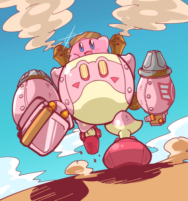 armor blue_eyes blush clothing cloud eyewear gesture goggles happy hat headgear headwear machine male mecha not_furry open_mouth sky smoke solo waving ぬか kirby:_planet_robobot kirby_(series) nintendo kirby alien robobot_armor waddling_head 2016 hi_res