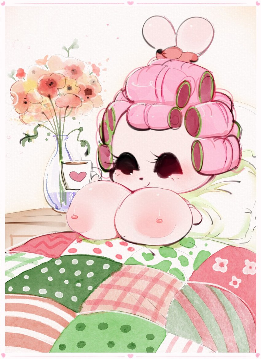 bedding big_breasts blanket breasts coffee_mug female flower hair_curlers heart_symbol nude plant relaxing solo under_covers vase mu_(artist) lagomorph leporid mammal rabbit hi_res