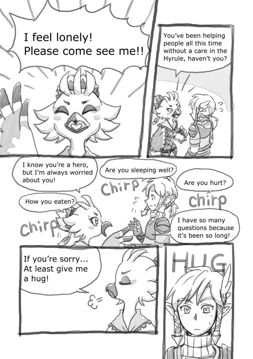 angry animal_noises anthro beah blush chirping dialogue duo humanoid_pointy_ears male pointy_ears text young young_anthro young_male niki_zelda nintendo tears_of_the_kingdom the_legend_of_zelda link tulin_(tloz) avian humanoid hylian rito comic english_text hi_res monochrome