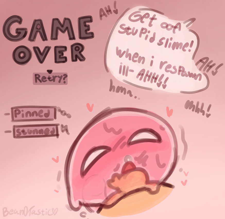 anal anal_penetration animal_genitalia anthro blush blush_lines duo game_over gameplay_mechanics genitals male moan penetration penis sheath slime small_penis speech_bubble status_effect text throbbing throbbing_penis bean0tastic beanie_(bean0tastic) bovid caprine goo_creature mammal sheep english_text hi_res tagme