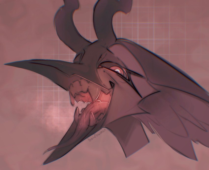 beak disembodied_head glowing glowing_eyes horn looking_at_viewer mouth_shot open_beak open_mouth pink_background red_eyes simple_background solo teeth tongue toothed_beak unusual_anatomy vore boidbwain ophelia_(boidbwain) angel avian bird headshot_portrait hi_res portrait