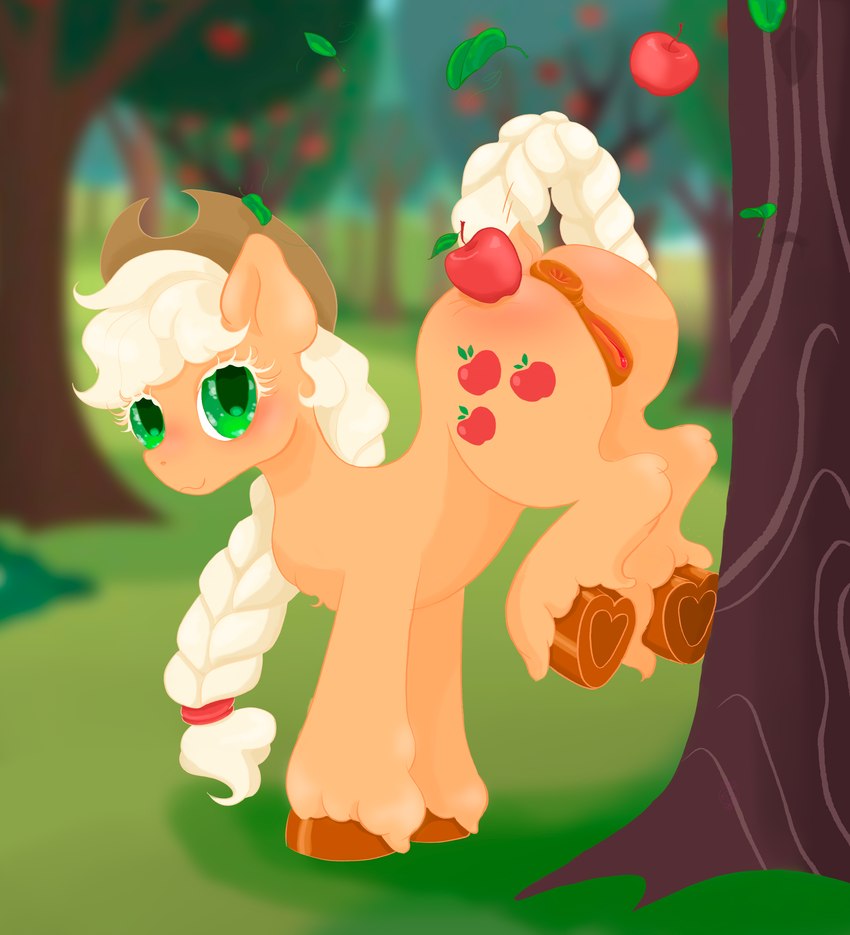 anus apple ass_blush blush braided_hair braided_ponytail butt butt_touch clothing cowboy_hat cutie_mark darkened_genitalia dock_(anatomy) falling_leaves female feral fetlocks food fruit g4 genitals green_background green_eyes hair hair_bun hat headgear headwear heart_symbol holding_apple holding_food holding_fruit holding_object hooves kick leaf looking_at_viewer nude plant ponytail puffy_anus pussy raised_tail simple_background solo tail tail_anus tree underhoof melassa friendship_is_magic hasbro my_little_pony applejack_(mlp) earth_pony equid equine horse mammal pony 2024 absurd_res digital_media_(artwork) hi_res