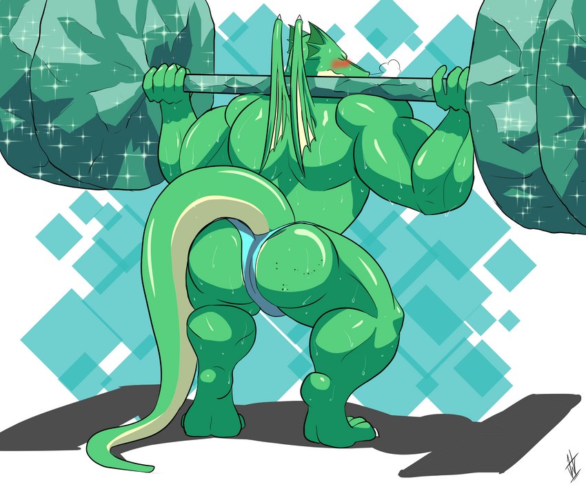 anthro big_butt big_muscles blush bodily_fluids bottomwear butt clothed clothing magic magic_user male muscular muscular_anthro solo sweat tail thong underwear weights wings hikaristar_art european_mythology mythology zephrix_(orionlizard) dragon mythological_creature mythological_scalie scalie western_dragon absurd_res hi_res