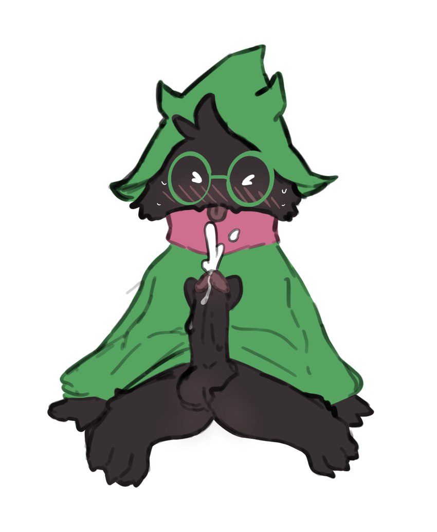 anthro balls black_body bodily_fluids clothed clothing cum eyewear fur genital_fluids genitals glasses hat headgear headwear male penis scarf simple_background sitting solo tongue katla_(artist) deltarune undertale_(series) ralsei bovid caprine goat mammal digital_media_(artwork) hi_res