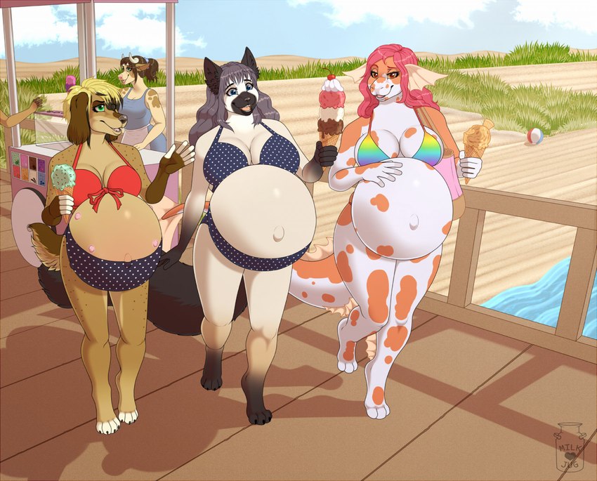 2_horns 3_toes 4_toes 5_fingers anthro ball bangs beach beach_ball belly belly_nipples big_belly big_breasts bikini black_claws black_highlights black_lips black_markings black_tail blonde_hair blue_bikini blue_clothing blue_dress blue_eyes blue_sky blue_swimwear bra breasts brown_body brown_fur brown_markings brown_spots brown_tail cherry claws clothed clothing cloud day dress ear_fins eyebrows eyelashes feet female female_anthro fin fingers fluffy fluffy_ears fluffy_tail food fruit fully_clothed fully_clothed_anthro fully_clothed_female fur fur_markings grass green_eyes grey_hair grey_nose group hair hair_on_shoulders hand_on_belly happy highlights_(coloring) holding_food holding_ice_cream_cone holding_object horn ice_cream_cone inflatable light lips logo long_hair long_tail markings multicolored_body multicolored_bra multicolored_clothing multicolored_fur multicolored_scales multicolored_underwear navel nipples non-mammal_breasts offscreen_character open_mouth open_smile orange_eyes orange_markings orange_tail outie_navel outside paws pink_hair pink_nipples pink_tongue plant polka_dot_bikini ponytail pregnant pregnant_anthro pregnant_female rainbow_bra rainbow_clothing rainbow_underwear red_bra red_clothing red_eyebrows red_underwear scale_markings scales sea short_hair shoulder_bag sky smile spots spotted_body spotted_fur swimwear tail tan_body tan_fur thick_bottom_lip toe_claws toes tongue two-piece_swimsuit two_tone_body two_tone_fur two_tone_scales two_tone_tail underwear vendor vendor_stand walking water wavy_hair white_body white_horn white_scales white_tail wood_railing milk-jug feesh_(lovic) marin_(furrystang) milky_(milk-jug) sarah_(spyingredfox) amur_carp bird_dog canid canine canis carp cattledog cocker_spaniel cyprinid cypriniform domestic_dog fish herding_dog hunting_dog koi mammal marine pastoral_dog spaniel typical_carp 2022 artist_logo digital_drawing_(artwork) digital_media_(artwork) english_description lighting shaded