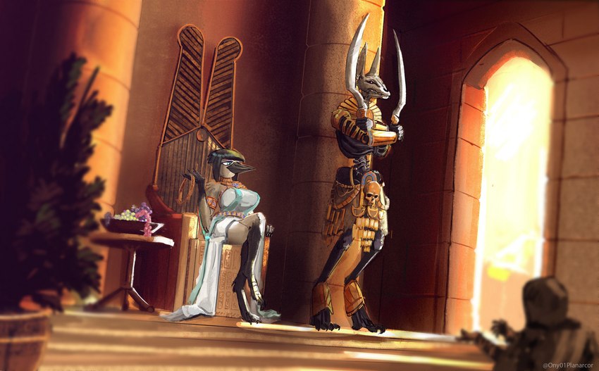 anthro armor audience beak bone breasts chair claws clothing crown decoration dress egyptian fantasy feathers feet female food fruit furniture gold_(metal) grape group guard headgear hieroglyphics intimidation melee_weapon mistress nipples ornate plant playful public queen robed royalty ruler skeleton sun sword talons thick_thighs throne tiara toes weapon ony01 renpet_(davidsch) anubian_jackal avian bird canid canine canis corvid jackal magpie_(corvid) mammal oscine passerine undead 2023 hi_res