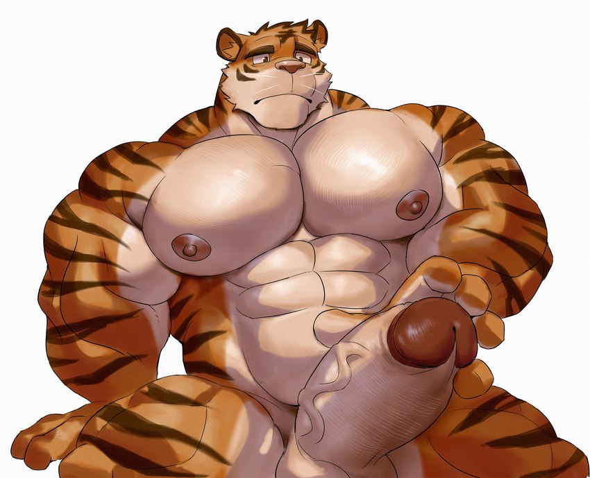 abs anthro balls biceps big_muscles erection foreskin fur genitals glans huge_muscles humanoid_genitalia humanoid_penis male muscular muscular_anthro muscular_male nipples nude pecs penis retracted_foreskin simple_background solo stripes white_background episode0006 felid mammal pantherine tiger absurd_res hi_res