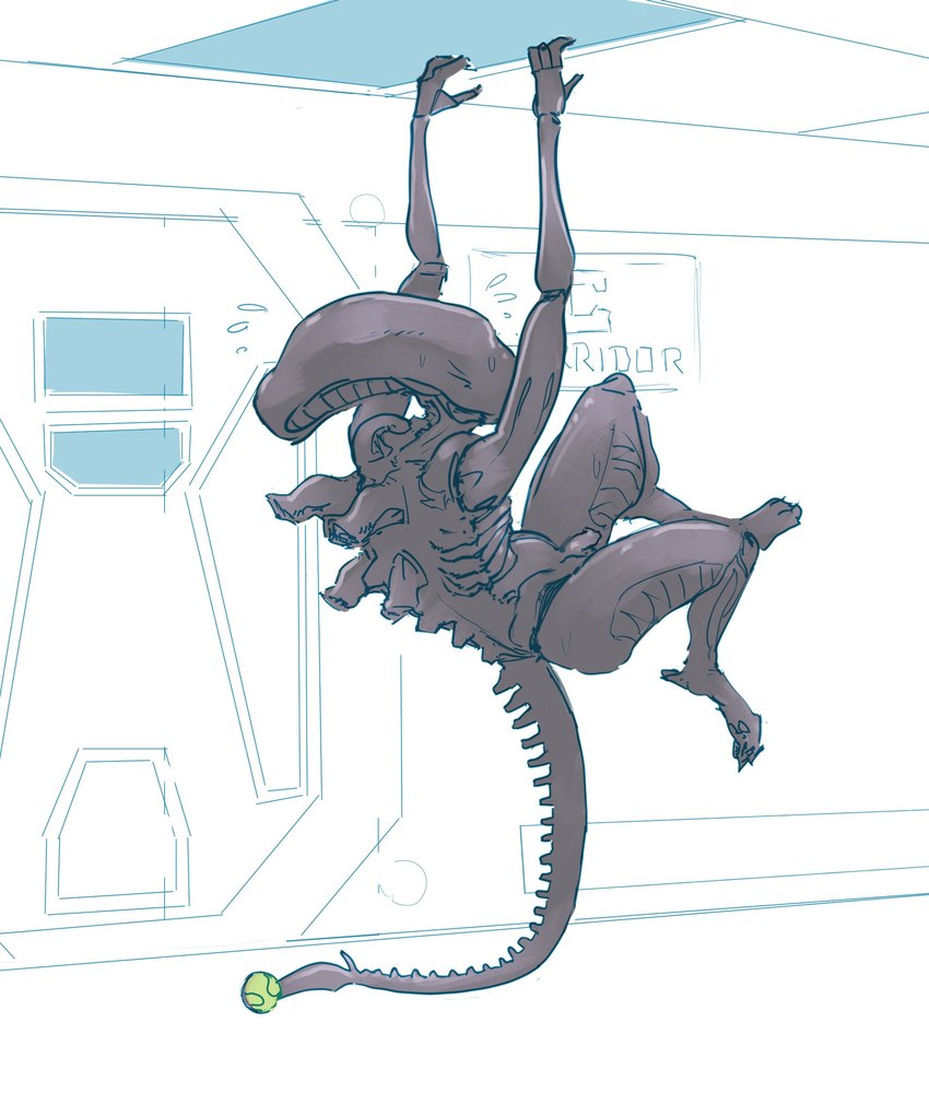 ball genitals hanging_from_ceiling male micropenis penis simple_background small_penis solo spacecraft tail tennis_ball vehicle gromdrawing alien_(franchise) alien xenomorph hi_res