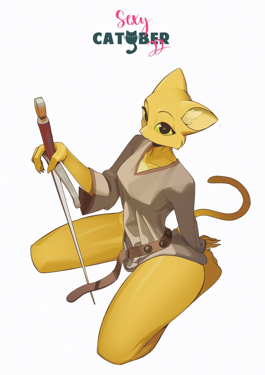 anthro barefoot belt big_breasts biped black_eyes bottomless breasts claws clothed clothing feet female foreshortening fur green_sclera hand_on_sword high-angle_view holding_melee_weapon holding_object holding_sword holding_weapon inner_ear_fluff kneeling long_tail looking_at_viewer melee_weapon outline paws plantigrade shirt shirt_only simple_background soles solo sword tail tan_clothing thick_thighs topwear topwear_only tuft tunic v-neck weapon white_background wide_hips yellow_body yellow_fur feliscede catober catober_2022 microsoft prequel_adventure the_elder_scrolls katia_managan felid khajiit mammal 2022 absurd_res digital_media_(artwork) digital_painting_(artwork) full-length_portrait hi_res painting_(artwork) portrait