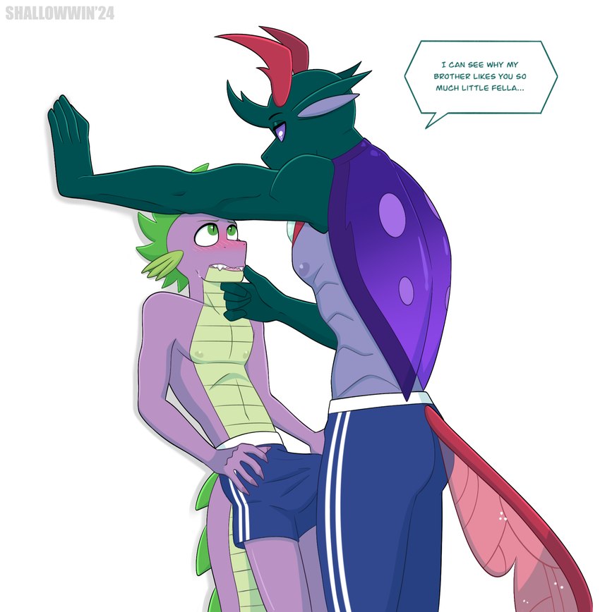 anthro anthrofied blush bottomwear clothed clothing duo erection erection_under_clothing fangs green_eyes horn male male/male mandibles purple_body purple_eyes purple_scales scales shorts simple_background tail teeth tenting text topless white_background shallowwin friendship_is_magic hasbro my_little_pony mythology pharynx_(mlp) spike_(mlp) arthropod changeling dragon mythological_creature mythological_scalie reformed_changeling scalie english_text hi_res