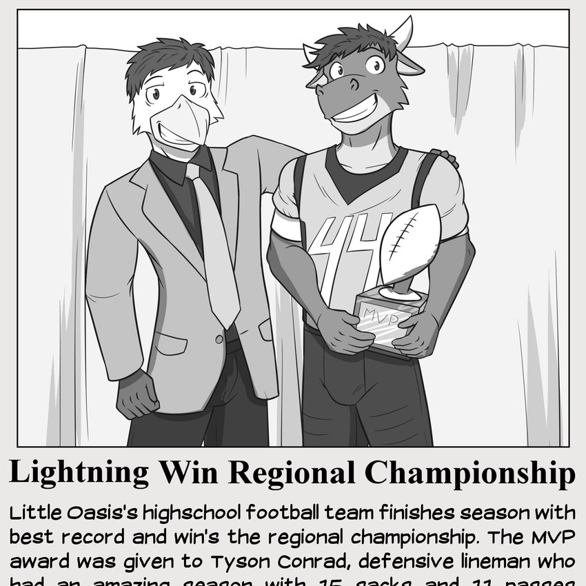 american_football anthro arm_around_shoulders award bottomwear clothed clothing duo football_jersey fully_clothed grin holding_award holding_object holding_trophy male necktie news news_article pants smile sport suit_jacket text trophy fuze texnatsu james_oliver ty_conrad avian bird bovid bovine cattle mammal 1:1 english_text greyscale hi_res monochrome