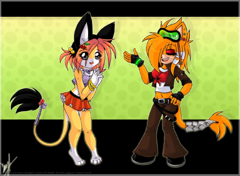 4_toes anthro barefoot bottomwear bracelet cherry claws clothing duo envy eyeshadow eyewear feet female food fruit glowstick goggles jewelry makeup plant ribbons skirt tail tail_tuft toes tuft luna777 skye_(character) taratsu_(character) moondog