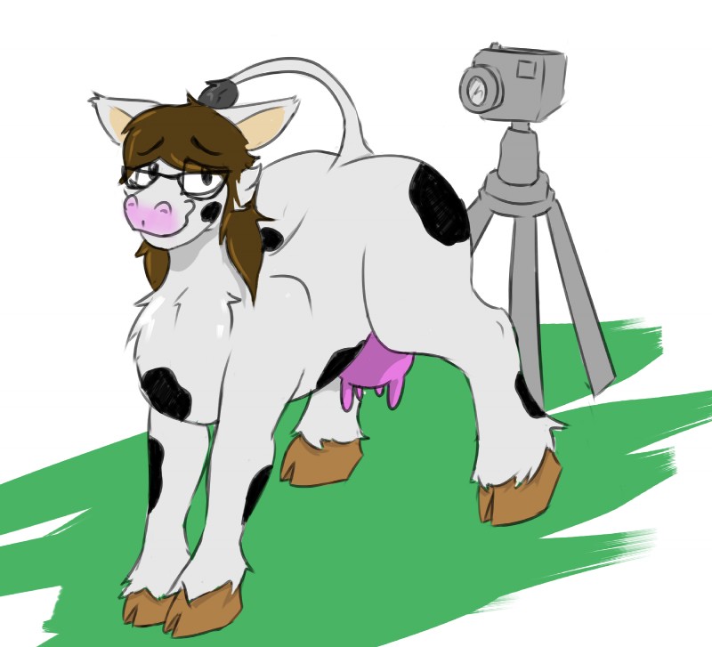 after_transformation camera camera_pose eyewear female feral glasses simple_background solo teats udders cashier:3 milkmaker cowdevon bovid bovine cattle holstein_friesian_cattle mammal hi_res