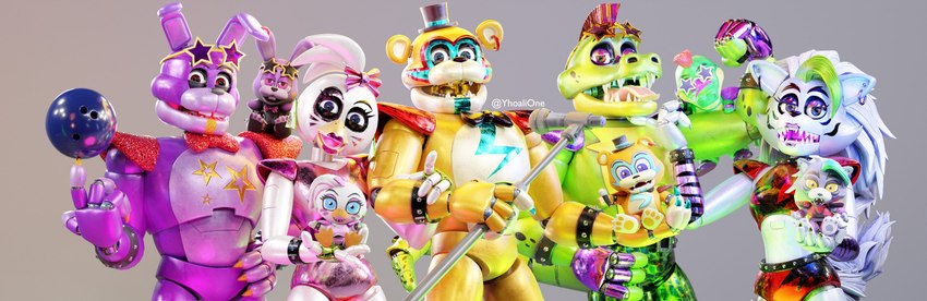 fanmade design glamrock bonnie, glamrock chica, glamrock freddy, montgomery gator, and roxanne wolf (five nights at freddy's: security breach and etc) created by bustersfnaf and yhoali one